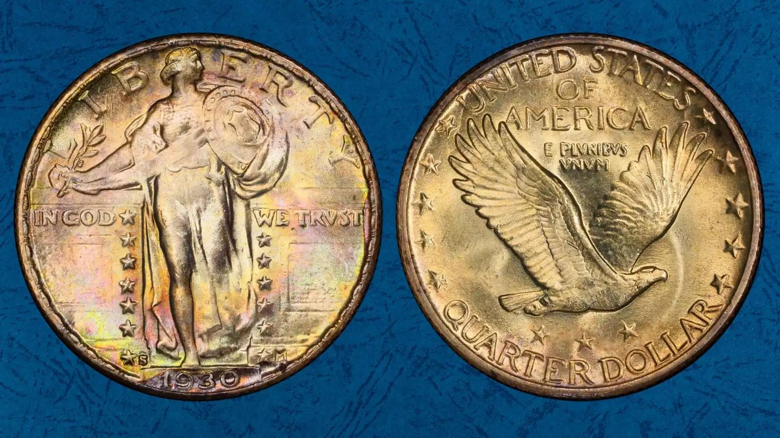 1930 Standing Liberty Quarter obverse and reverse showing Liberty striding forward and eagle on reverse