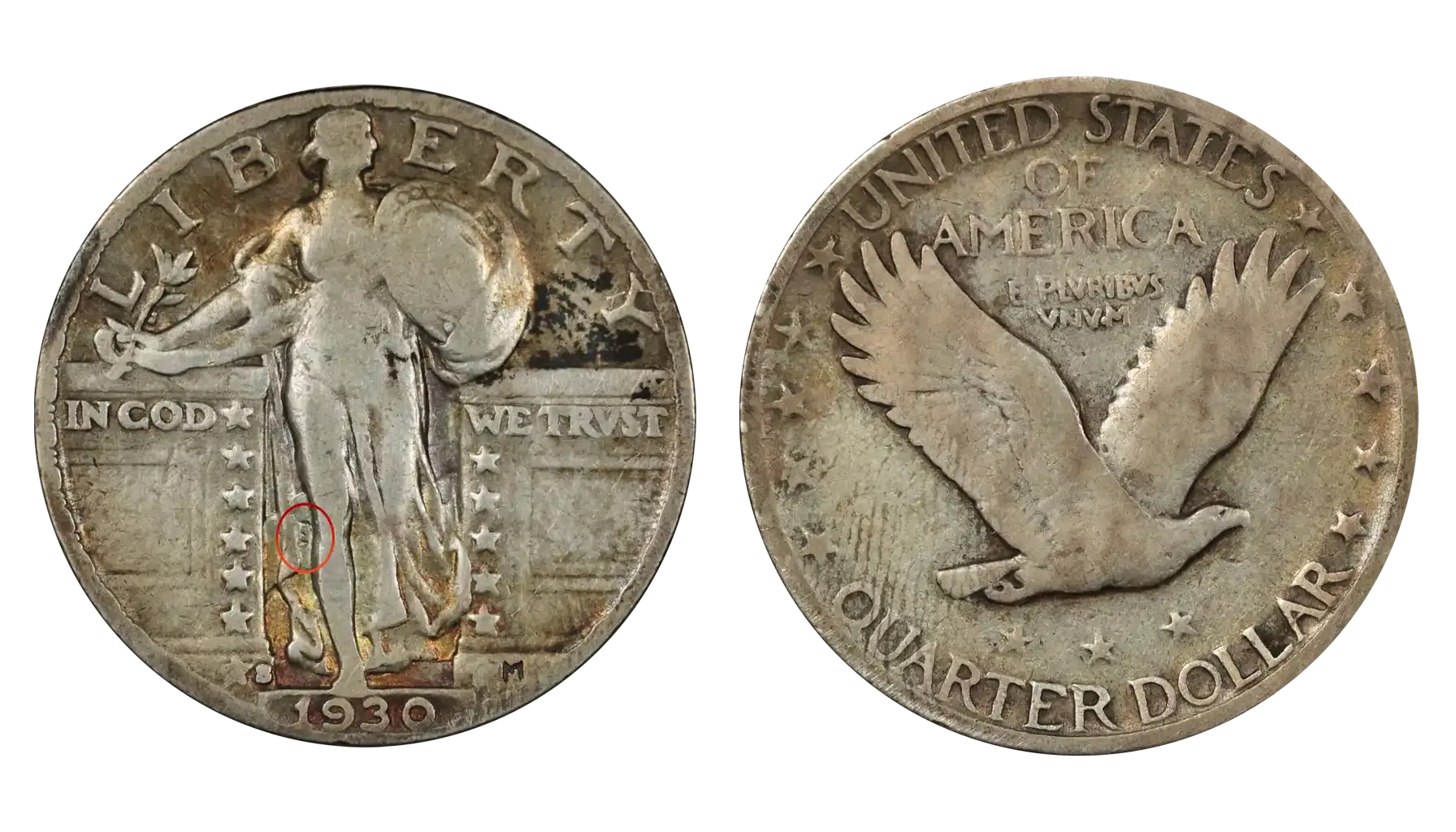 Side-by-side comparison of 1930 Standing Liberty Quarter: left shows non-Full Head with flat detail, right shows Full Head with sharp hair leaves, hairline, and visible eyebrow