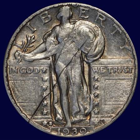 1930 Standing Liberty Quarter strike through error showing recessed channel across Liberty's figure where foreign material interrupted the die strike