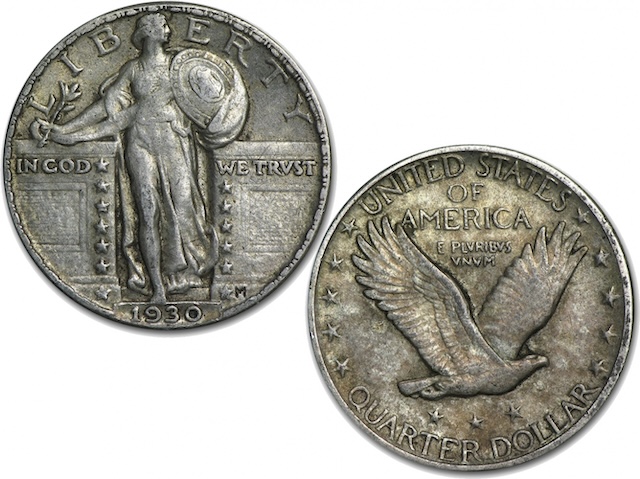 1930 Standing Liberty Quarter grading strip showing four condition tiers from Good to Mint State side by side